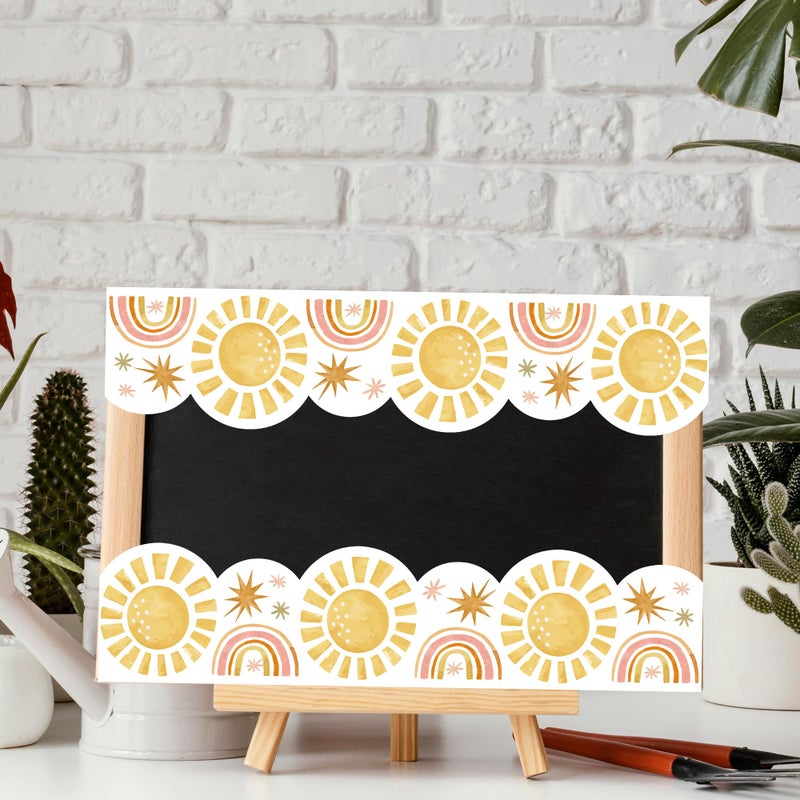 BeYumi Boho Sun Border Trim - 65ft Back to School Boho Sun Scalloped Rolled Border Trim Pastel Watercolor Bulletin Board Set Classroom Office Chalkboard Kindergarten Elementary Home Party Decoration - Image 4